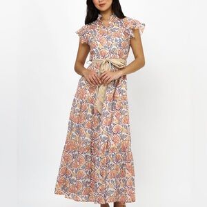 OLIPANT RUFFLE COLLAR BUTTON MAXI- MONTENEGRO CORAL TUCKERNUCK XS